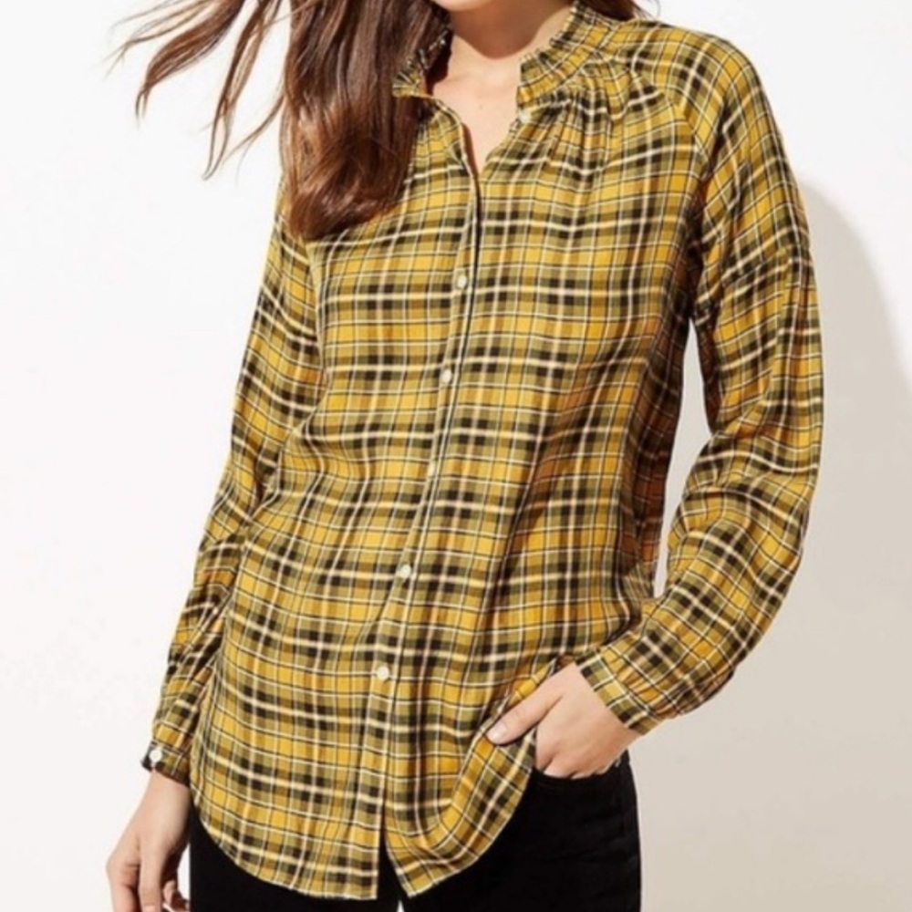 LOFT Petite SP Mustard Black Plaid Ruffle Neck Button Down Blouse Classic Office